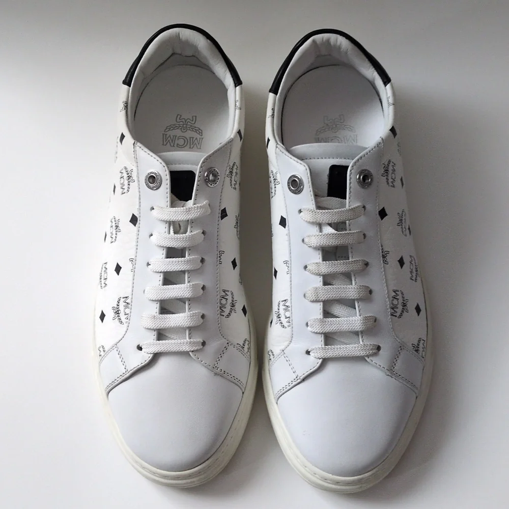 MCM Terrain Monogram Derby White Black Lace Up Leather Sneaker EU 42/US 9 In Box
